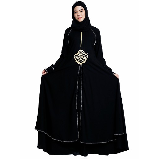 Designer double layered abaya with stone lacework- Black